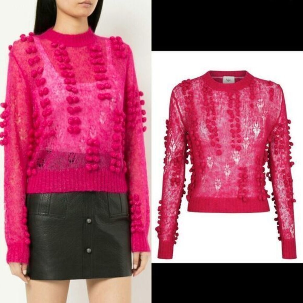 Aje sweater‎ size S Fawcett pom pom fine open knit mohair wool blend Raspberry